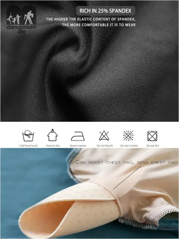 Beige elastic fabric with care instruction icons shown below.