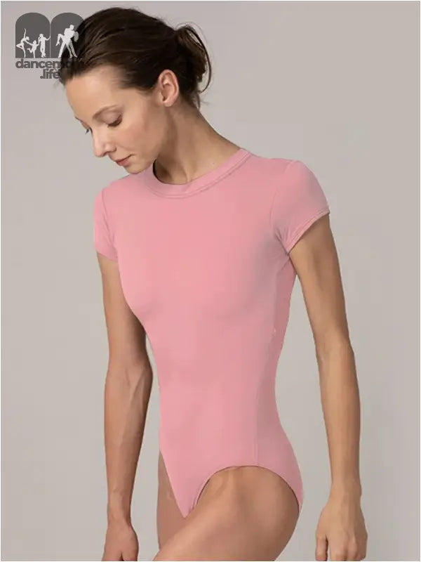 Pink short-sleeved ballet leotard with a round neckline.