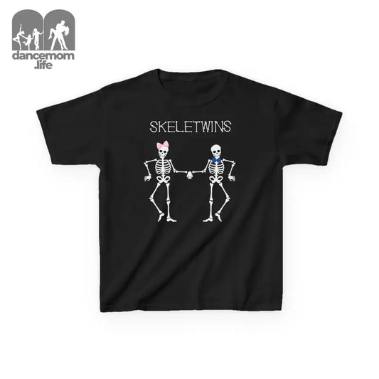 Black t-shirt featuring two dancing skeleton figures with the text ’SKELETWINS’ above them.