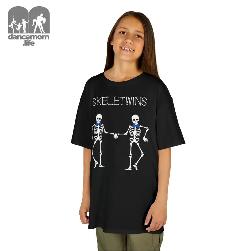 Black t-shirt featuring two dancing skeleton figures with ’SKELETWINS’ text above them.