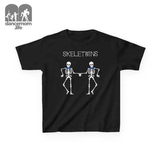 Black t-shirt featuring two dancing skeleton figures with ’SKELETWINS’ text above them.