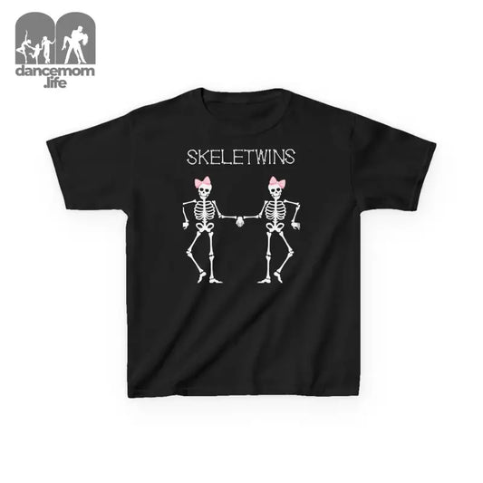 Black t-shirt featuring two dancing skeleton figures with pink bows and ’SKELETWINS’ text.