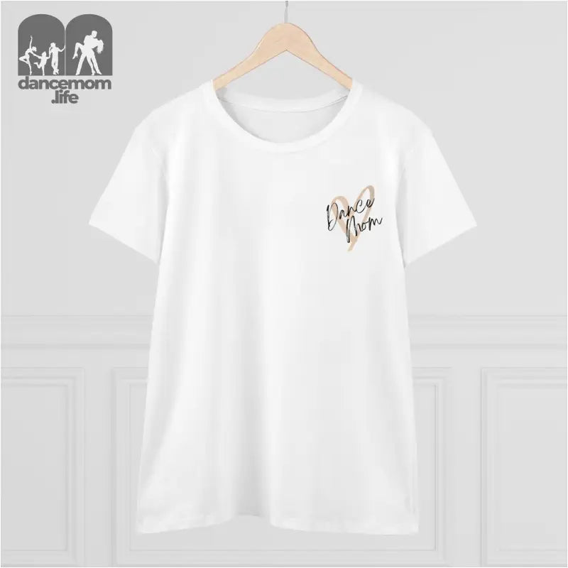 White t-shirt with small gold text design on the chest.