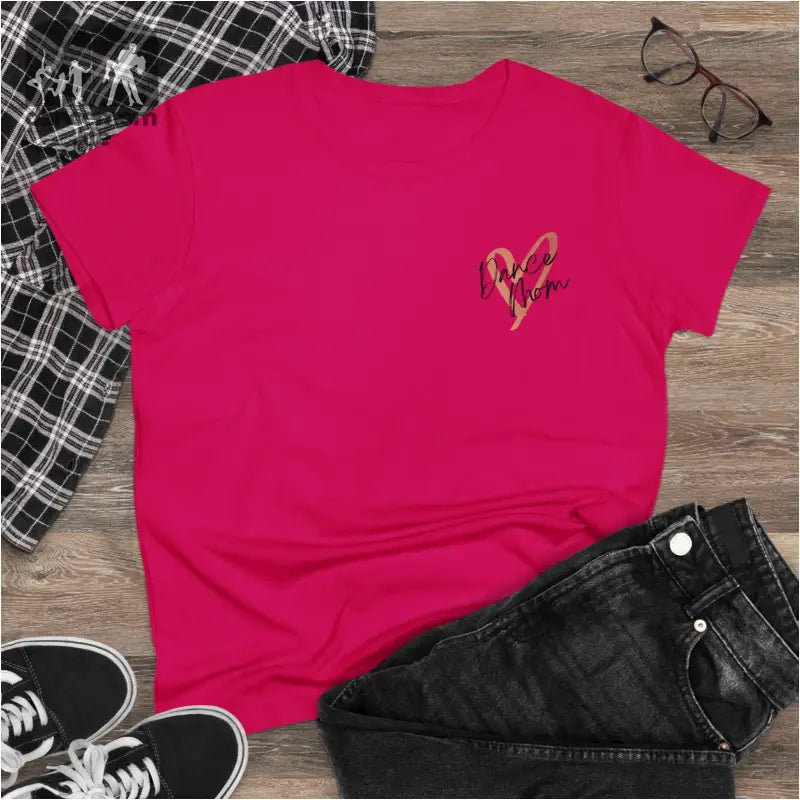 Hot pink t-shirt with a small heart design on the chest.