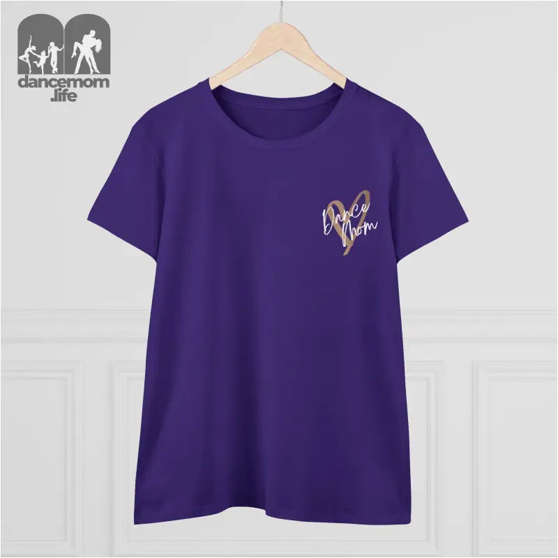 Purple t-shirt with a small decorative design on the chest.