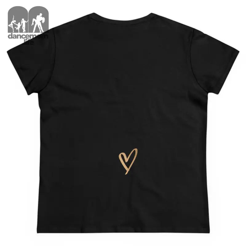 Black t-shirt with a small gold heart design on the lower portion.