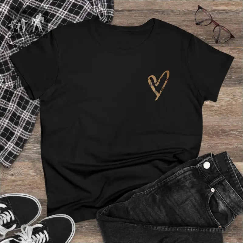 Black t-shirt with a small gold heart design on the chest.