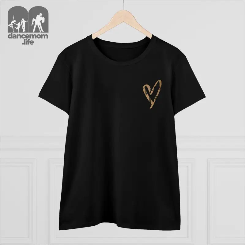 Black t-shirt with a small gold heart design on the chest.