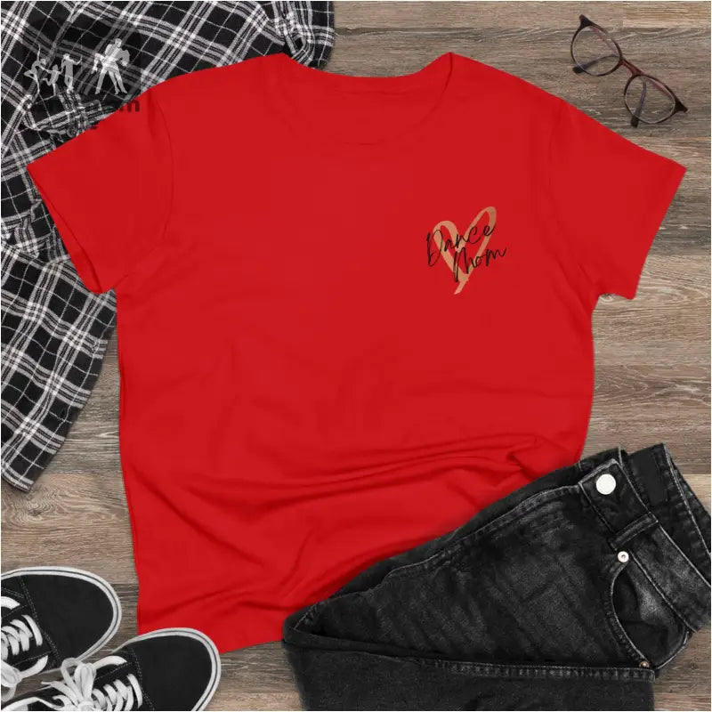 Red t-shirt with a small heart design on the chest.