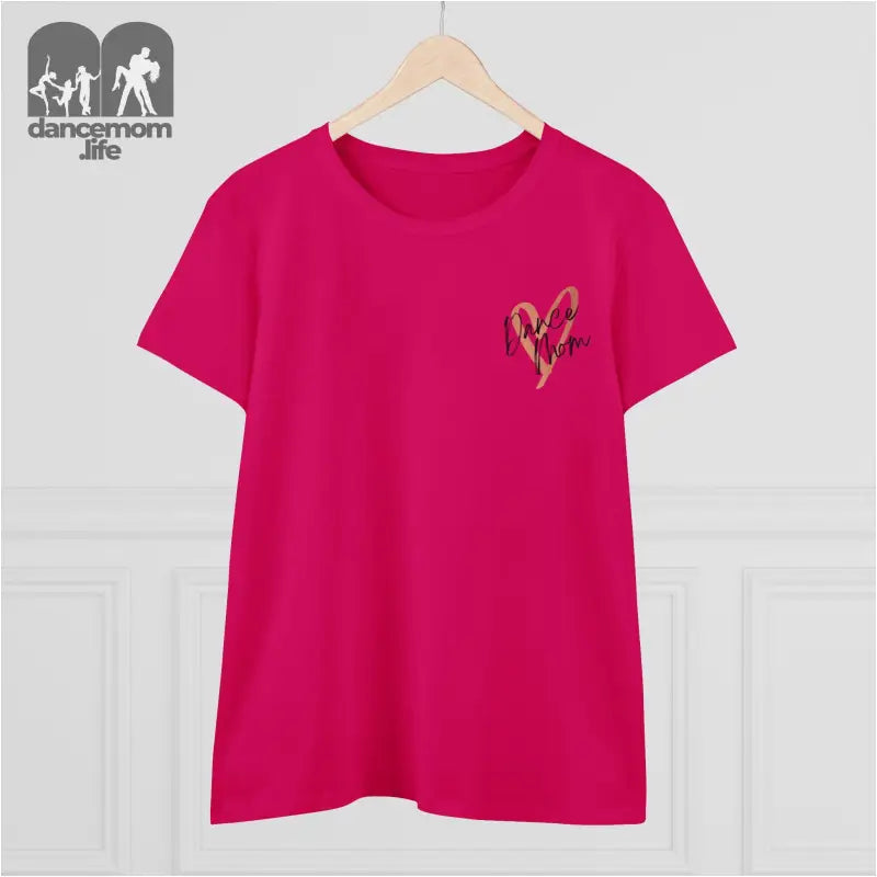 Hot pink t-shirt with a small heart design on the chest.