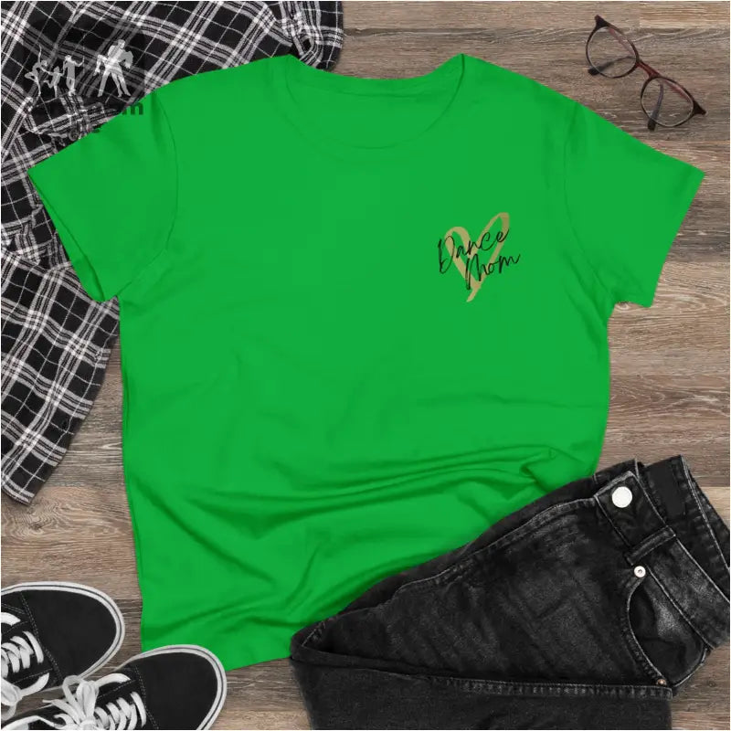 Bright green t-shirt with a small gold design on the chest.