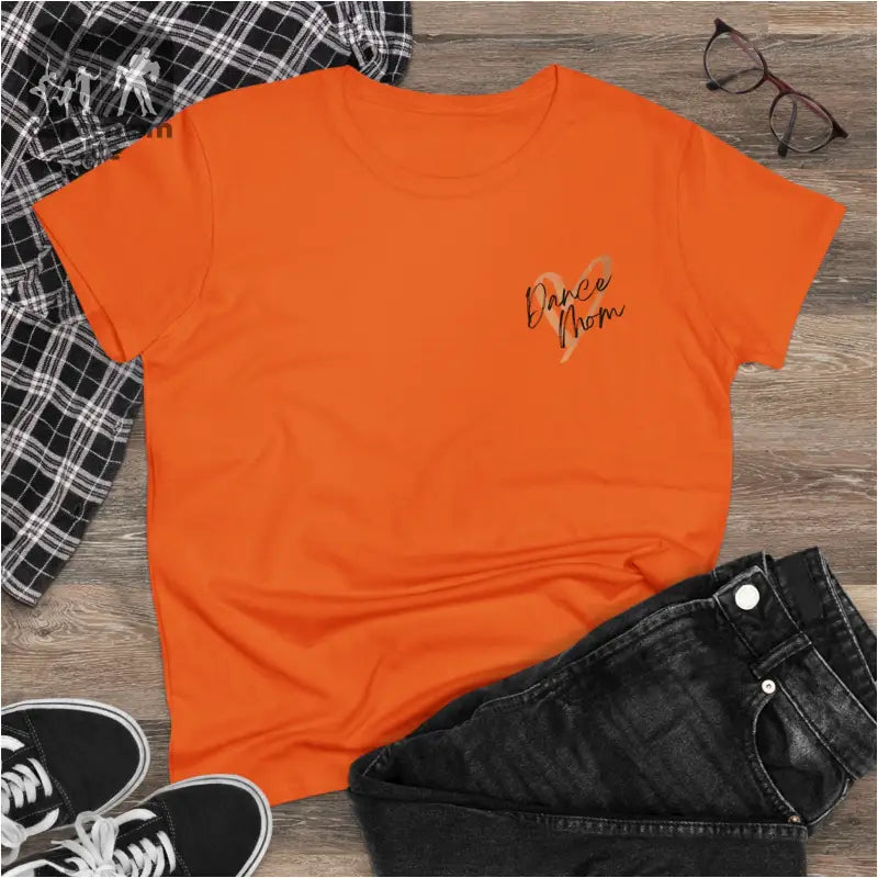 Orange t-shirt with small text embroidery on the chest.