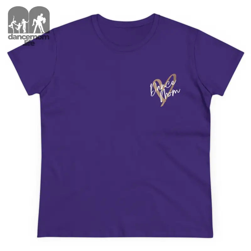 Purple t-shirt with a small metallic heart design on the chest.