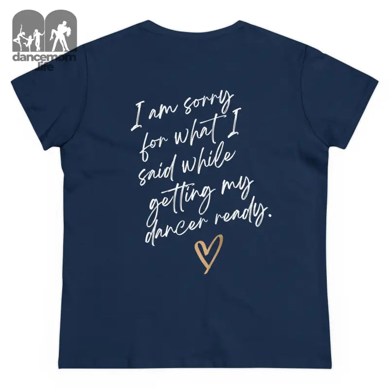 Navy blue t-shirt with white handwritten text and a small gold heart design.