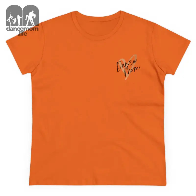 Orange t-shirt with small text embroidered on the chest.