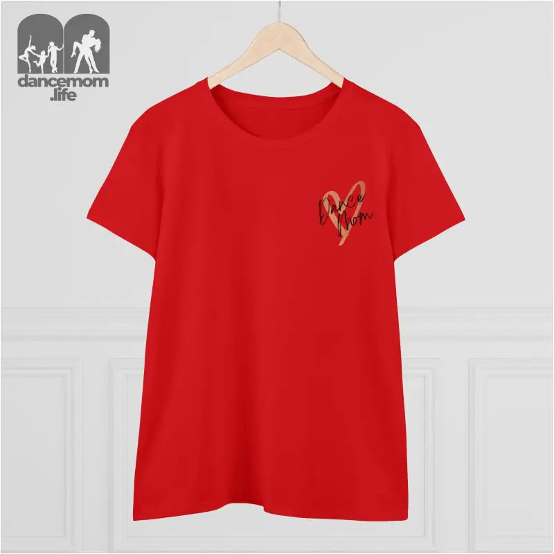 Red t-shirt with a small heart design on the chest.