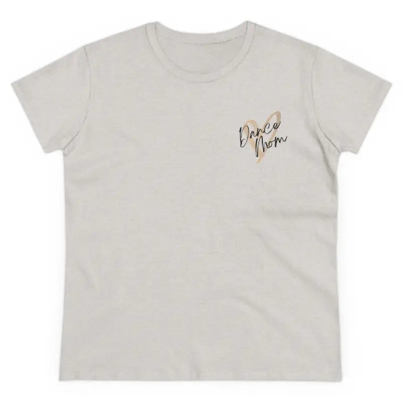 White t-shirt with small text embroidered on the chest.