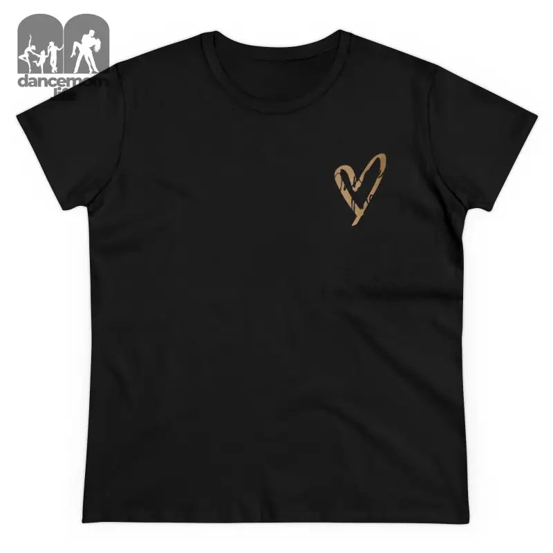 Black t-shirt with a small gold heart design on the chest.