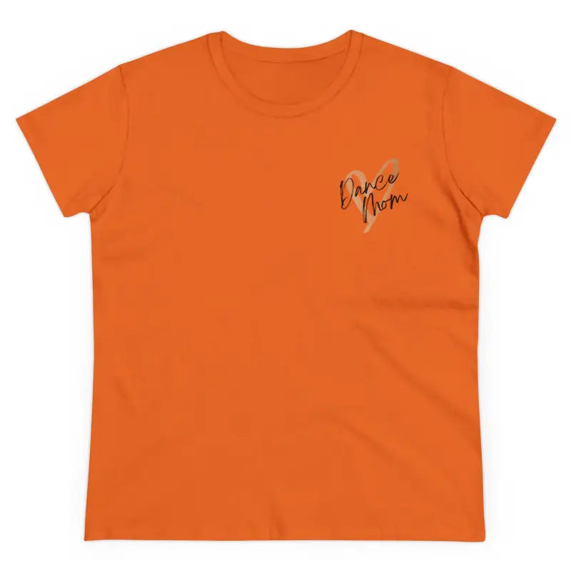 Orange t-shirt with small text embroidered on the chest.