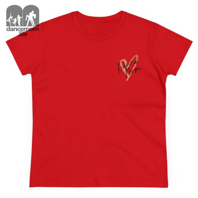 Red t-shirt with a small heart design embroidered on the chest.