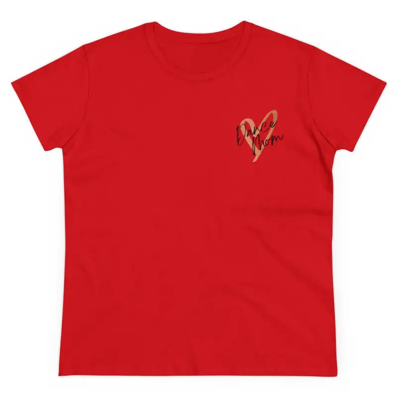 Red t-shirt with a small heart design embroidered on the chest.