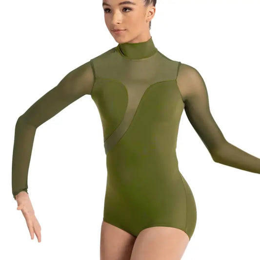Splice Leotard for Girls & Women Long High Neck Contemporary Ballet Dance Costume - Olive / MA