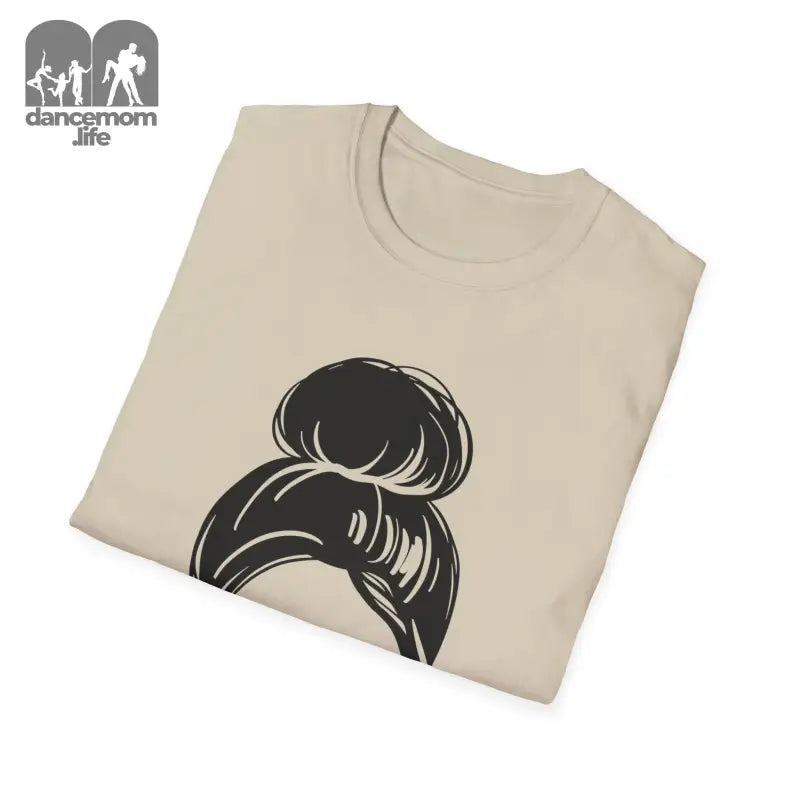 Beige t-shirt featuring a black messy bun hairstyle graphic design.