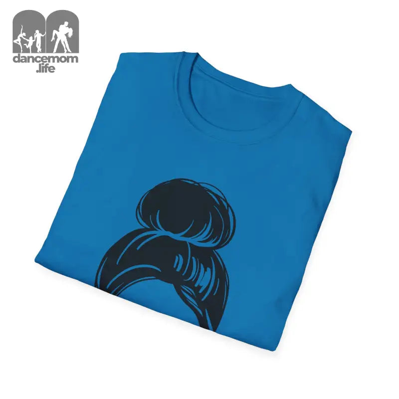 Blue t-shirt with a black messy bun hairstyle graphic design.