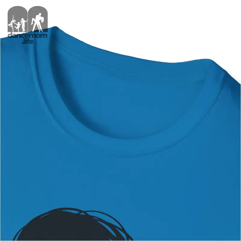 Bright blue t-shirt with a partial black graphic visible at the bottom.