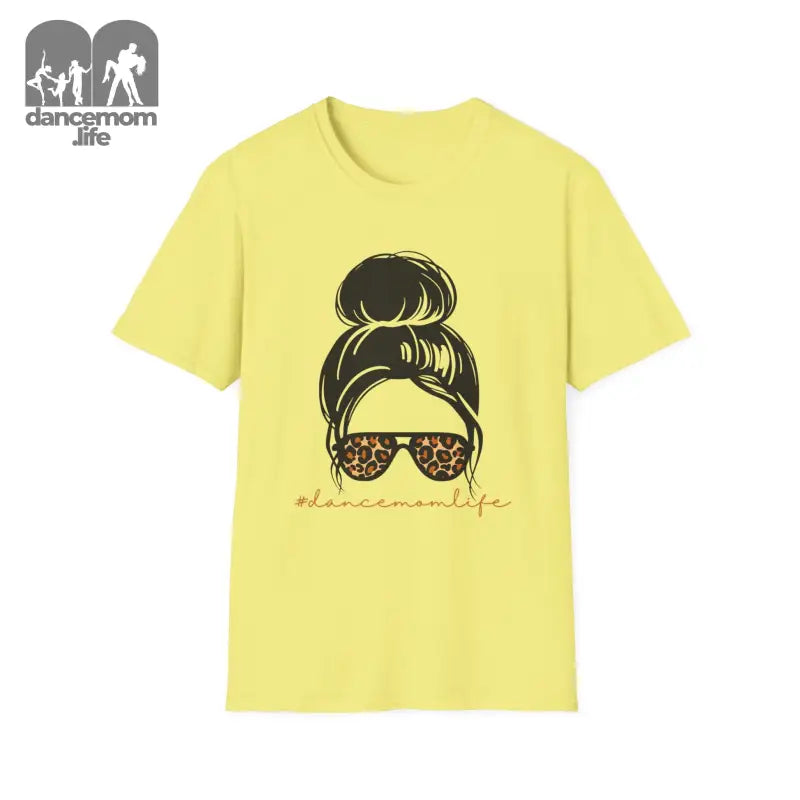 Yellow t-shirt featuring a black graphic design of a messy bun hairstyle and sunglasses with leopard print frames.