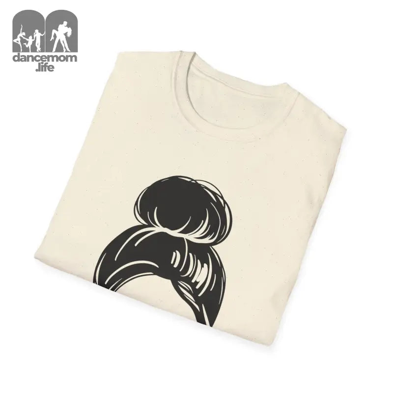 Cream-colored t-shirt with a black messy bun hairstyle graphic design.