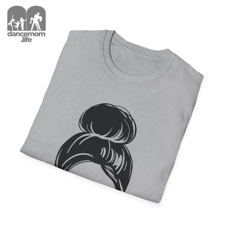 Gray t-shirt with a black messy bun hairstyle graphic design.