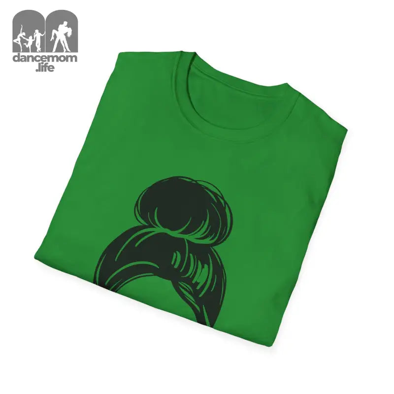 Green t-shirt with a black hair bun design printed on it.