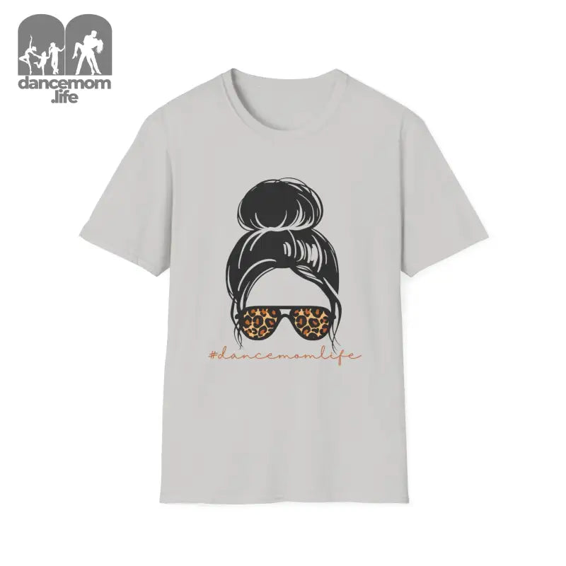 Light gray t-shirt featuring a graphic design of a messy bun hairstyle and leopard print sunglasses.