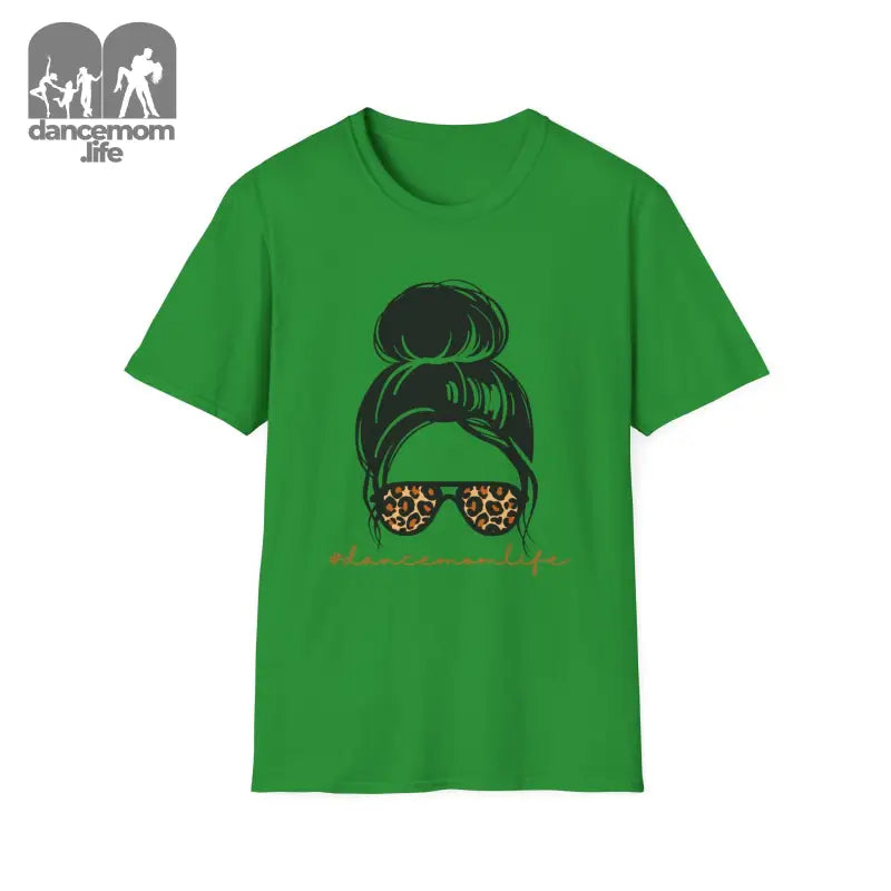 Green t-shirt featuring a messy bun hairstyle and leopard print sunglasses graphic design.