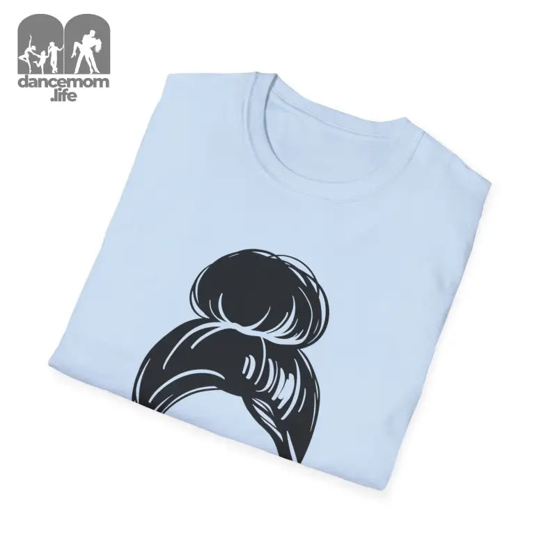 Light blue t-shirt with a black messy bun hairstyle graphic design.