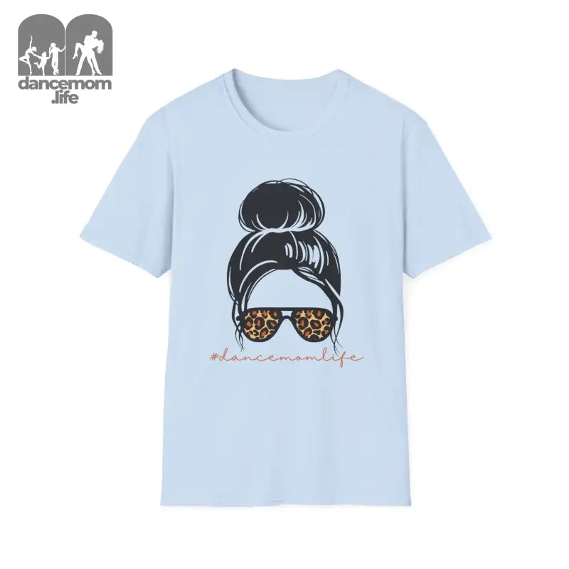 Light blue t-shirt featuring a messy bun hairstyle graphic with leopard print sunglasses.