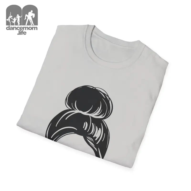 Light gray t-shirt featuring a black messy bun hairstyle graphic design in the corner.