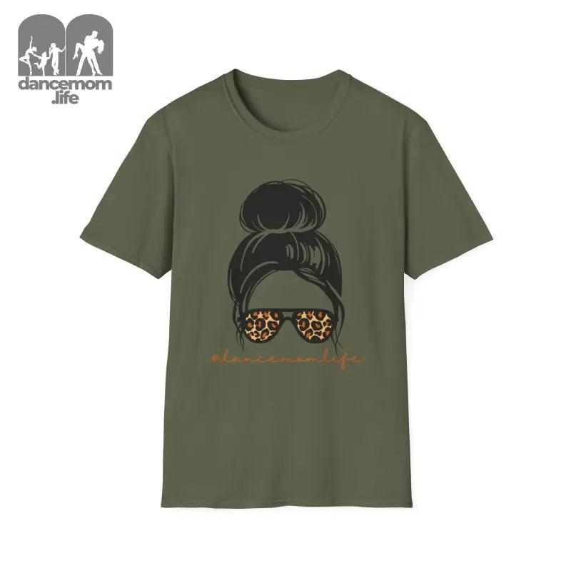 Olive green t-shirt featuring a messy bun hairstyle with leopard print sunglasses graphic design.