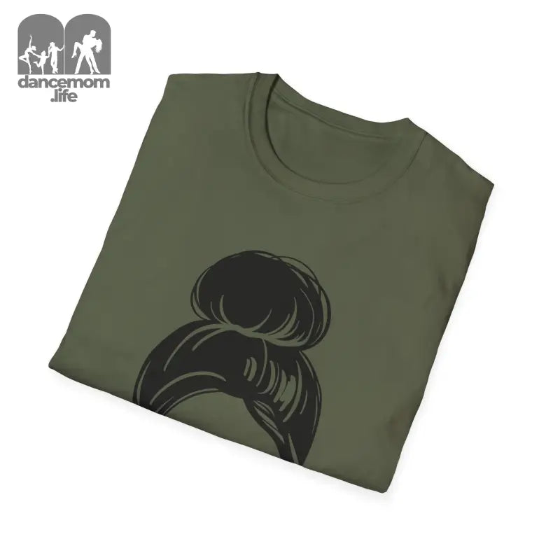 Olive green t-shirt with a black messy bun hairstyle graphic design.