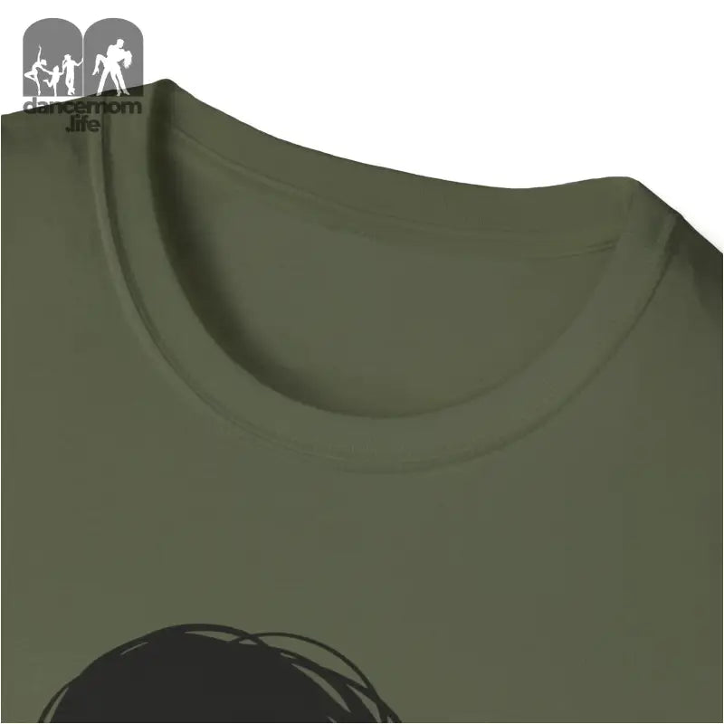 Olive green crew neck t-shirt collar.