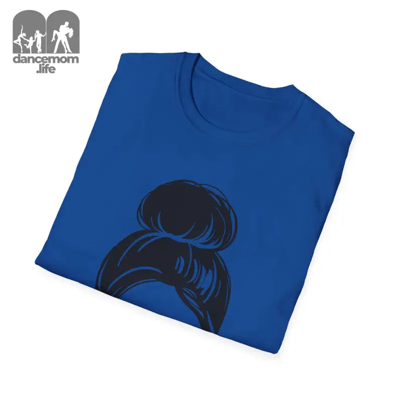 Royal blue t-shirt with a black hair bun design printed on it.