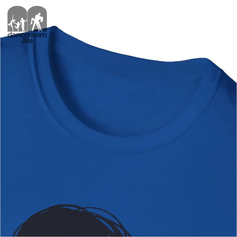 Royal blue crew neck t-shirt with a partial black graphic visible.