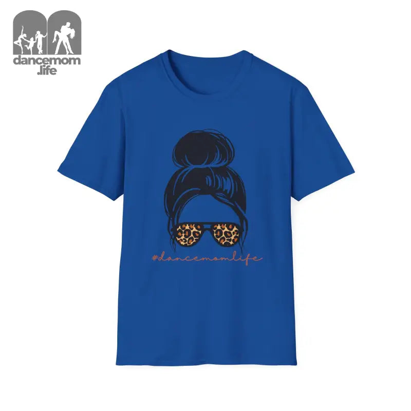 Royal blue t-shirt featuring a graphic design of a messy hair bun and leopard print sunglasses.