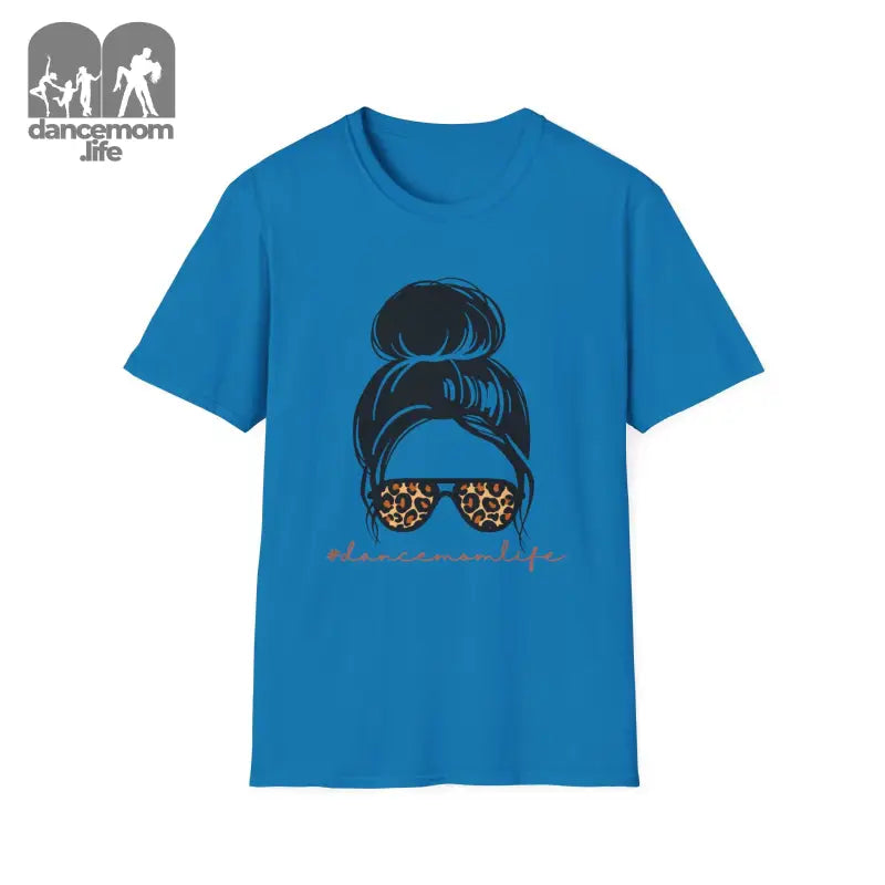 Blue t-shirt featuring a graphic design of a messy bun hairstyle and leopard print sunglasses.