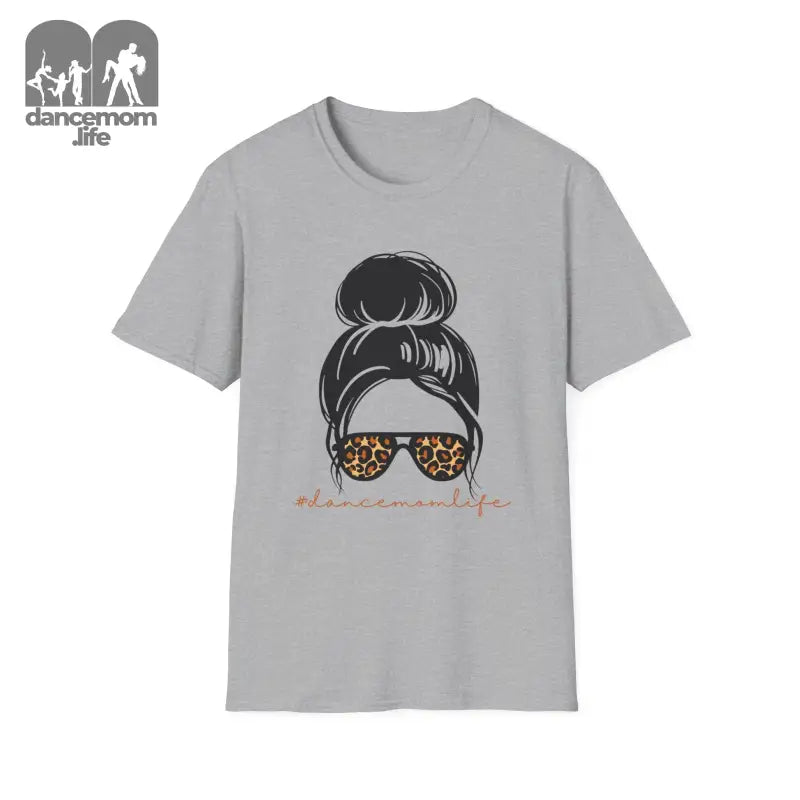 Gray t-shirt featuring an illustration of a messy bun hairstyle and leopard print sunglasses.