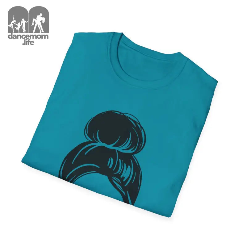 Teal t-shirt with a black messy bun hairstyle graphic design.