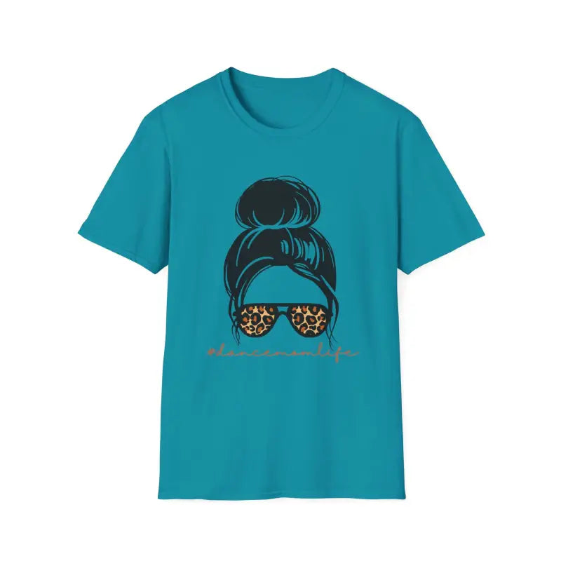 Teal t-shirt featuring a graphic design of a messy bun hairstyle and leopard print sunglasses.