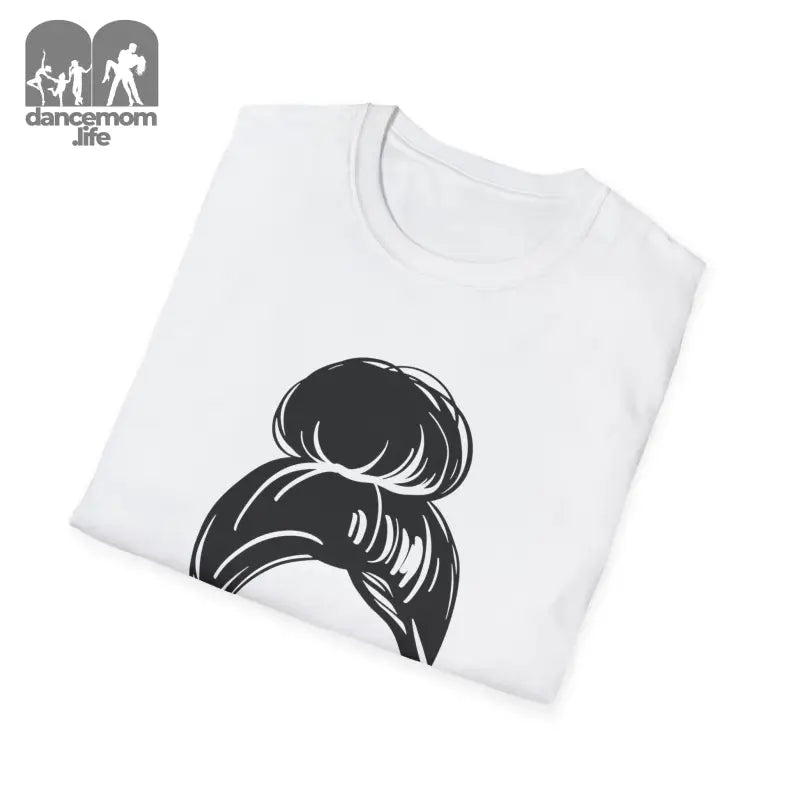 White t-shirt with a black messy bun hairstyle graphic design.