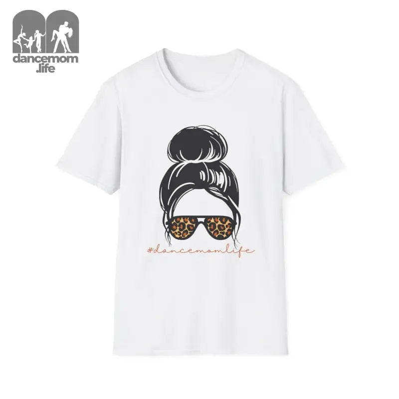 White t-shirt featuring a messy bun hairstyle illustration with leopard print sunglasses.